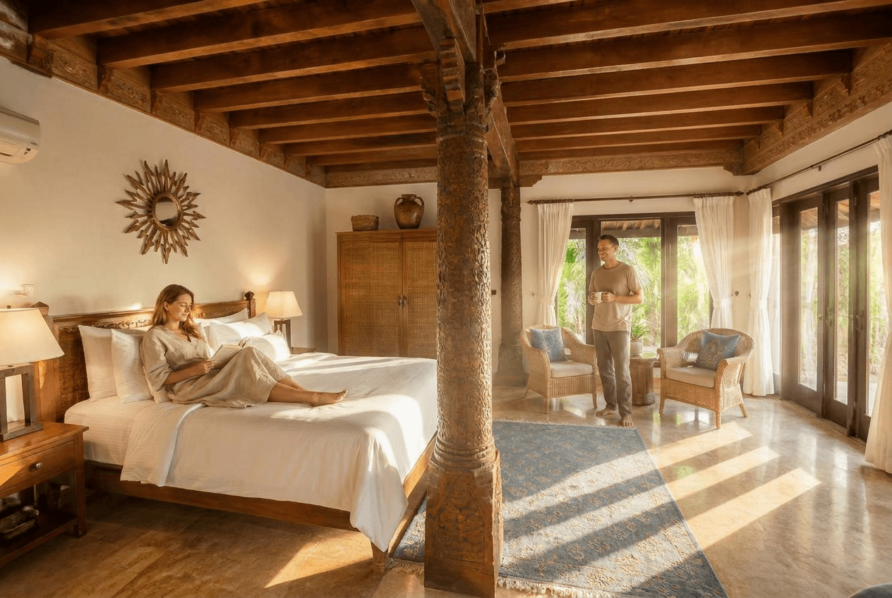 Carved wood bedroom after the listing photo refresh with warmer light and clearer lifestyle context