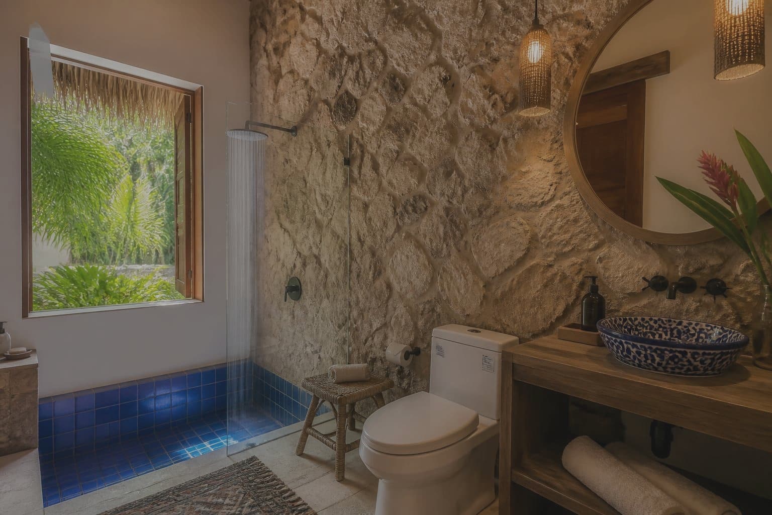 Open-air stone shower before the listing photo refresh